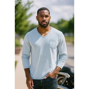 INC‎ International Concepts Mens Long Sleeve V Neck T Shirt Pocket Powder Blue L